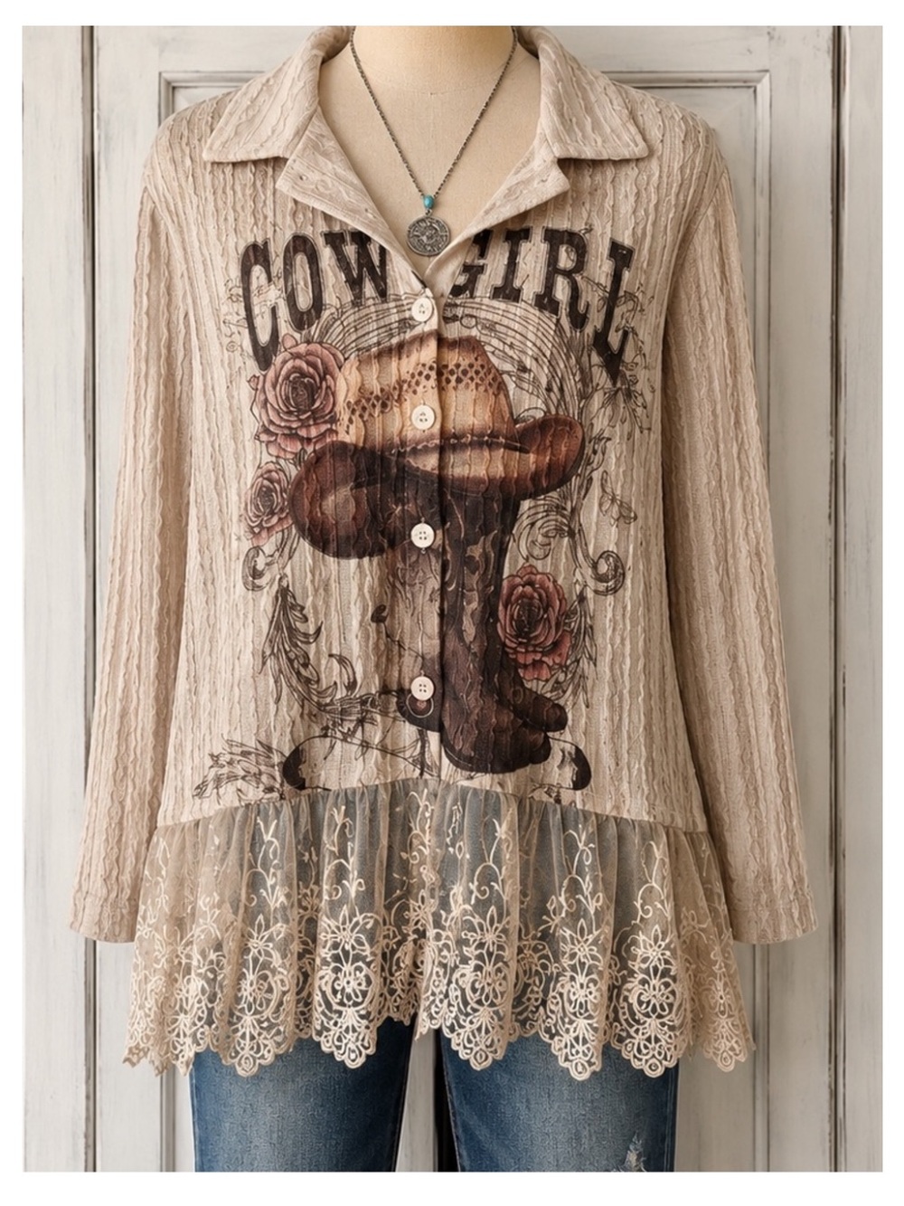 🟠NWT ORIGAMI Cowgirl Long Sleeve Button Up Top with Lace Bottom Tan/Brown S/M